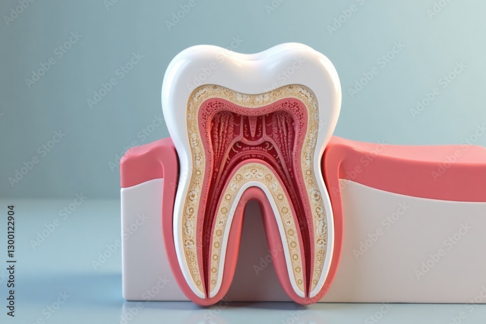 Cross-section of a molar tooth, detailed 3D medical illustration. Focus on dental anatomy, enamel, dentin, pulp, and root. Cross-section of a molar tooth, detailed 3D medical illustration. Focus on dental anatomy, enamel, dentin, pulp, and root.