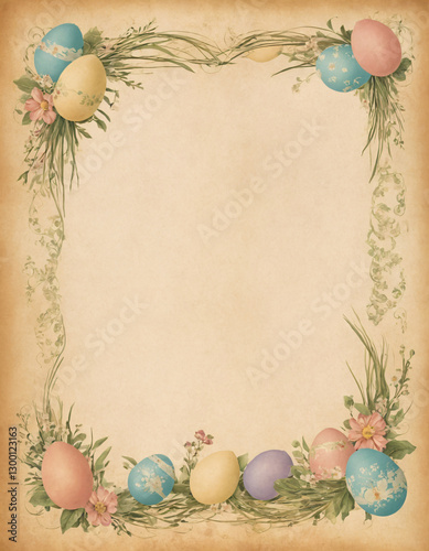 Vintage Easter Frame with Eggs and Flowers