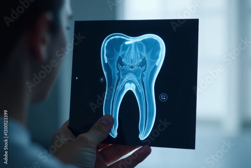 An X-ray cross-section of a molar tooth, revealing its internal structure, including roots, enamel, and pulp.
