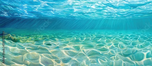 Vibrant aquamarine underwater scene with clear shallow depths showcasing gentle ripples and light rays illuminating the sandy ocean floor. photo