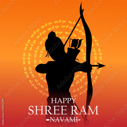 Happy Shree Ram Navami Festival Poster with Lord Rama Silhouette Holding Bow and Arrow Against Sacred Sanskrit Mandala on Orange Background Spiritual Hindu Celebration Design
