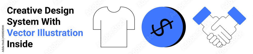 T-shirt outline, dollar sign in a circle, and handshake graphic. Ideal for merchandising, business branding, partnerships, e-commerce, financial themes, marketing flat landing page banner T-shirt outline, dollar sign in a circle, and handshake graphic. Ideal for merchandising, business branding, partnerships, e-commerce, financial themes, marketing flat landing page banner