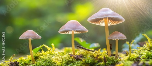 Wallpaper Mural Delicate mushrooms stand on lush green moss under soft sunlight with a blurred background, creating a serene and enchanting forest scene. Torontodigital.ca
