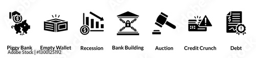 Bankruptcy line icon set. piggy bank, empty wallet, recession, bank building, action, credit crunch, debt