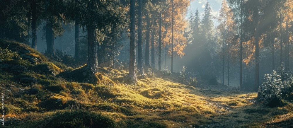 Fototapeta premium Sunlit spruce treetops with golden autumn leaves, illuminated mossy ground on a forest slope, soft misty light enhancing tranquil atmosphere.