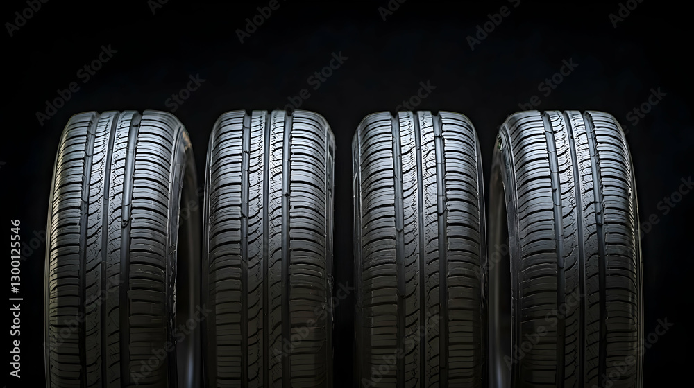 Four New Black Rubber Tires Displayed Against a Dark Background Four New Black Rubber Tires Displayed Against a Dark Background