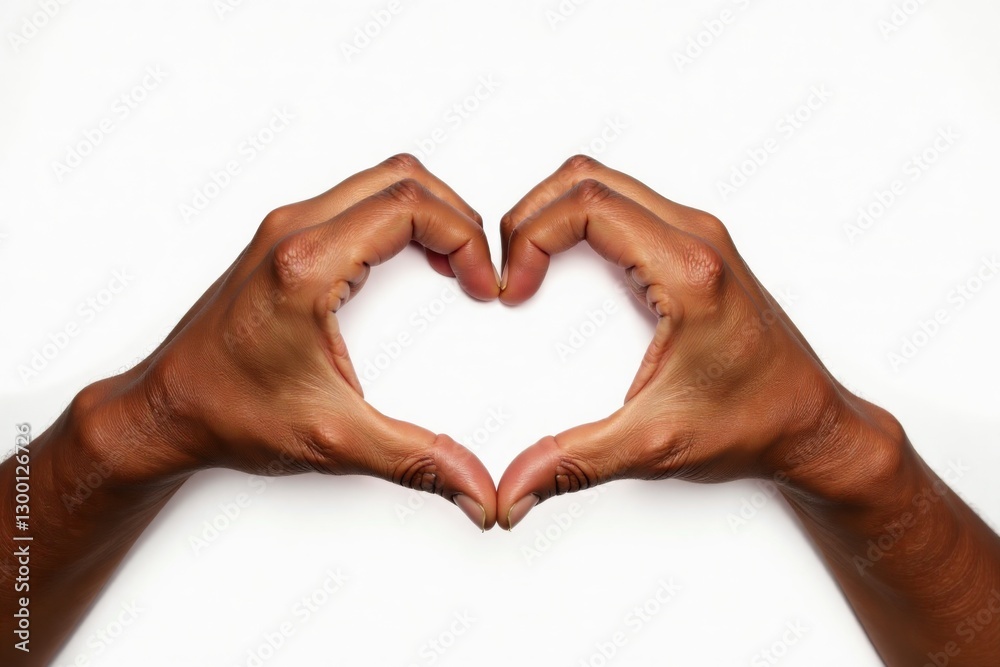 Fototapeta premium Dark-skinned hands forming a heart shape, isolated on a white background.