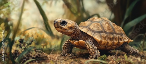 Baby Sulcata tortoise in natural habitat, showcasing brown shell tones with dark edges, greens and browns in the background, positioned slightly right.
