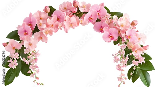 Pink orchid floral arch arrangement isolated on white.