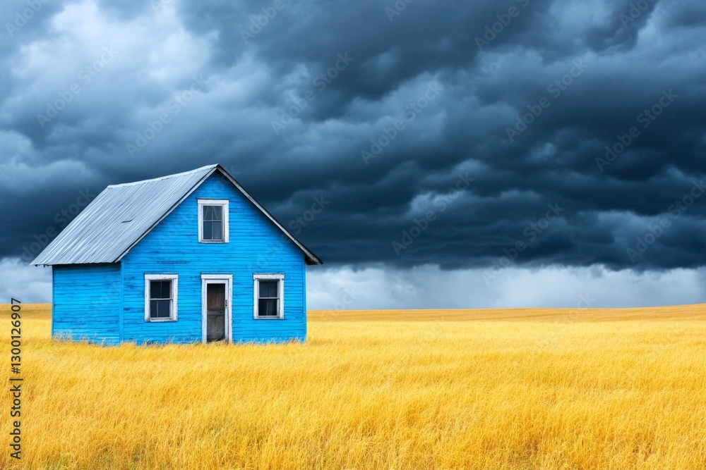 A small house standing alone in an open field, surrounded by dark storm clouds A small house standing alone in an open field, surrounded by dark storm clouds