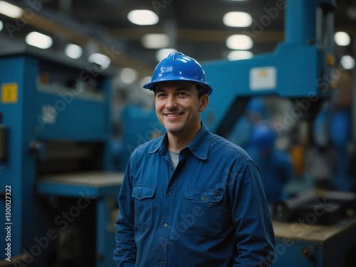 The image shows a man in a smiling hard hat, standing in an industrial area and looking directly at the camera. A machine is behind him. 