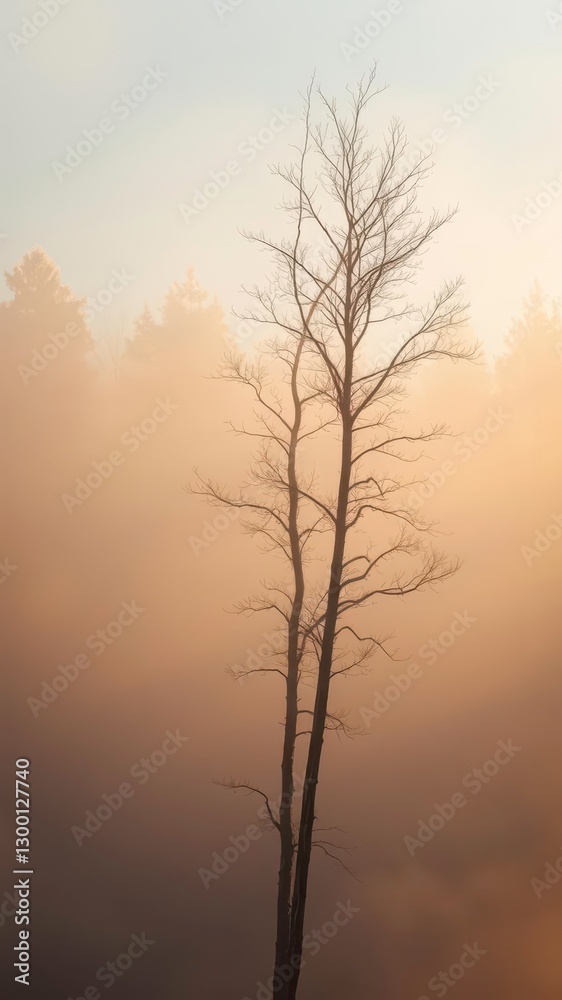 Golden Light Illuminating a Birch Tree Standing Alone in the Misty Forest Golden Light Illuminating a Birch Tree Standing Alone in the Misty Forest