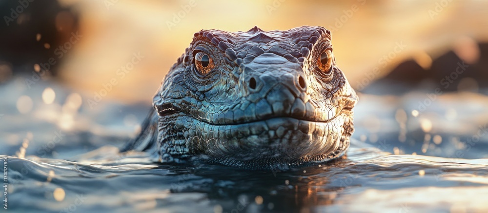 Close-up of a wild lizard's head above shimmering water with soft orange and blue hues reflecting in the background, showcasing intricate textures. Close-up of a wild lizard's head above shimmering water with soft orange and blue hues reflecting in the background, showcasing intricate textures.