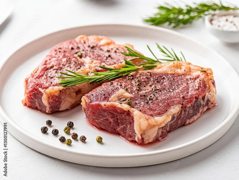 Two Raw Marbled Steaks Seasoned with Pepper and Rosemary on a White Plate Two Raw Marbled Steaks Seasoned with Pepper and Rosemary on a White Plate