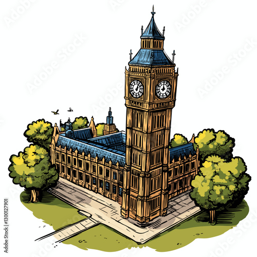 Vector comic hand-drawn illustration of Big Ben. Big Ben in London