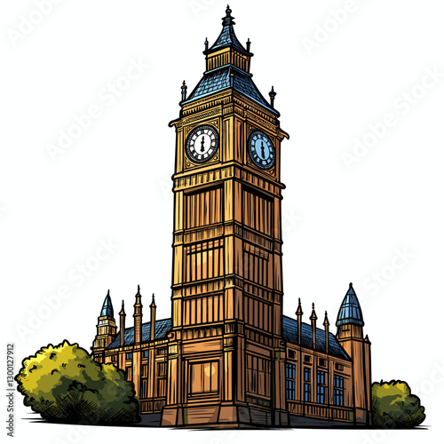 Vector comic hand-drawn illustration of Big Ben. Big Ben in London