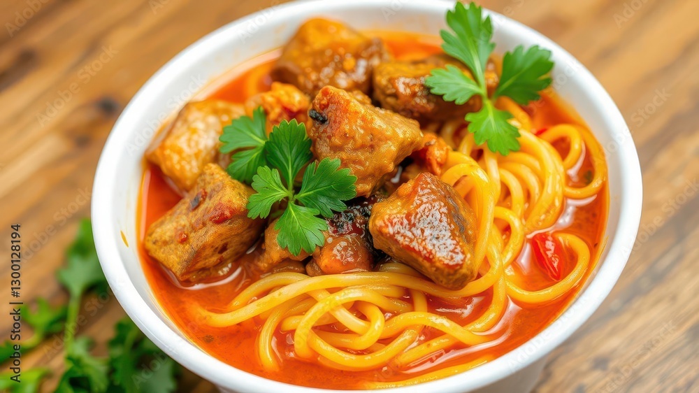Flavorful Spicy Noodles, Meat, and Vegetables in a White Cup with Herb Garnishes Flavorful Spicy Noodles, Meat, and Vegetables in a White Cup with Herb Garnishes