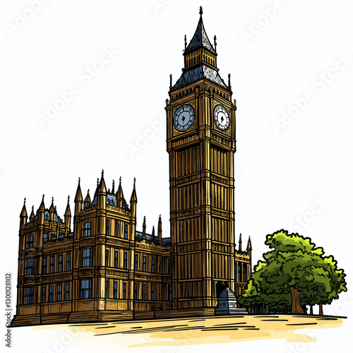 Vector comic hand-drawn illustration of Big Ben. Big Ben in London