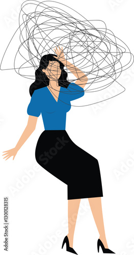 Overthinking, too much worried, stress or anxiety, self doubt, fear or indecision, obsession thoughts, mental exhaustion or negative emotional, overload concept, businesswoman overthinking mess head