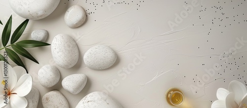 Flat lay image featuring white spa stones and green leaves on a light beige background with aromatic oils in a cup creating a calming ambiance.