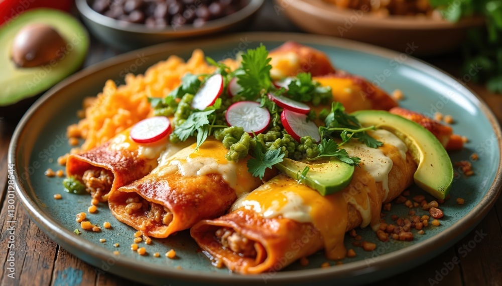 Serving of enchiladas on plate. Avocado cilantro radish garnish, side of black beans plus Mexican rice completes dinner meal. Tasty authentic tortillas with cheese and spicy salsa. Serving of enchiladas on plate. Avocado cilantro radish garnish, side of black beans plus Mexican rice completes dinner meal. Tasty authentic tortillas with cheese and spicy salsa.