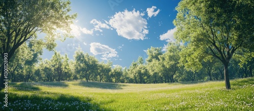 Lush green landscape under a bright blue sky with fluffy clouds and sunlight filtering through trees on a sunny spring day