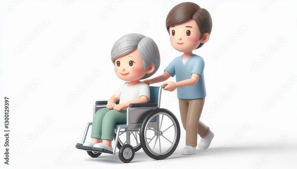 Caring interaction between child and elderly in wheelchair indoor setting 3d illustration Caring interaction between child and elderly in wheelchair indoor setting 3d illustration