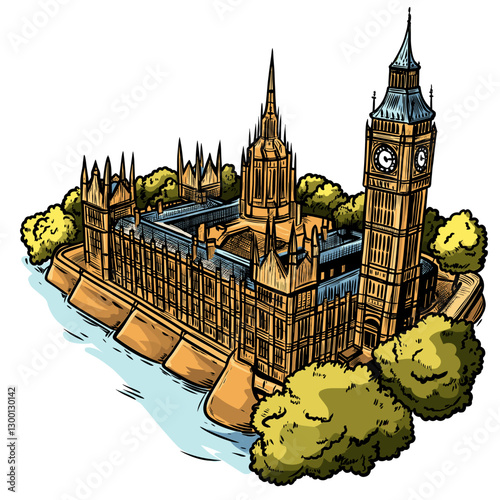 Vector comic hand-drawn illustration of Palace of Westminster. Palace of Westminster in London
