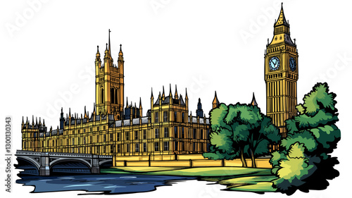 Vector comic hand-drawn illustration of Palace of Westminster. Palace of Westminster in London