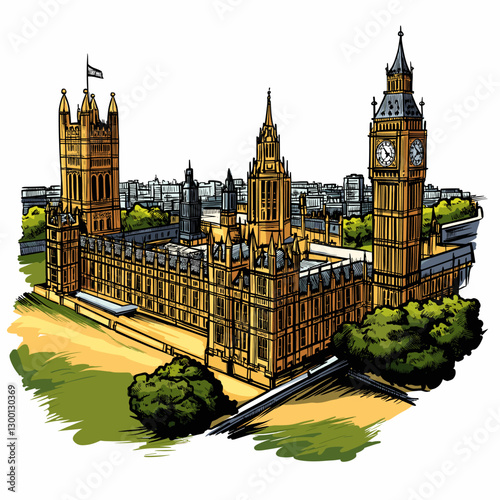 Vector comic hand-drawn illustration of Palace of Westminster. Palace of Westminster in London