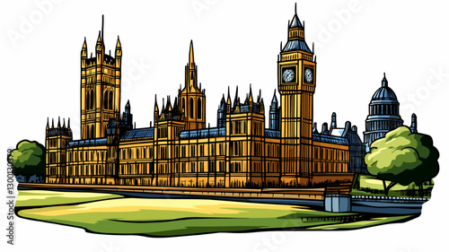 Vector comic hand-drawn illustration of Palace of Westminster. Palace of Westminster in London