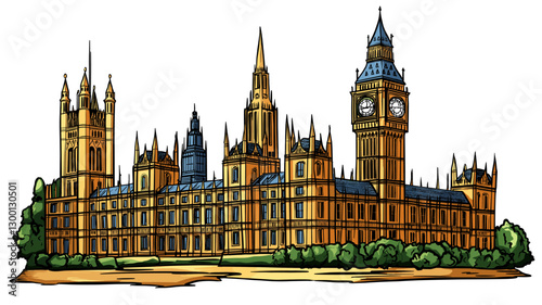 Vector comic hand-drawn illustration of Palace of Westminster. Palace of Westminster in London