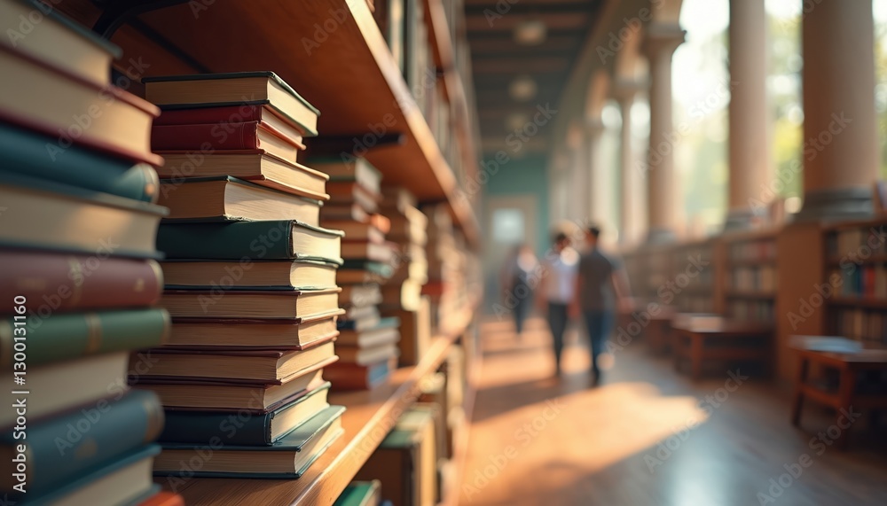 AI illustration of books on shelves in library. Knowledge and education concept. People walking through book stacks between columns in college, museum. Reading, book fair, book store mockup ideas. AI illustration of books on shelves in library. Knowledge and education concept. People walking through book stacks between columns in college, museum. Reading, book fair, book store mockup ideas.
