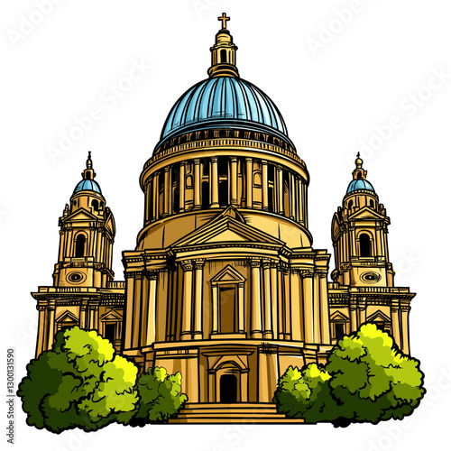 Vector comic hand-drawn illustration of Saint Pauls Cathedral. St. Paul's Cathedral in London