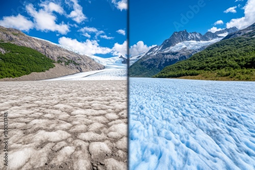 A time-lapse comparison showing a glacier shrinking over the years due to rising temperatures photo