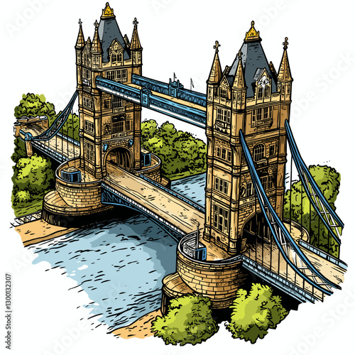 Vector comic hand-drawn illustration of Tower Brigde. Tower Brigde in London