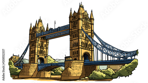 Vector comic hand-drawn illustration of Tower Brigde. Tower Brigde in London
