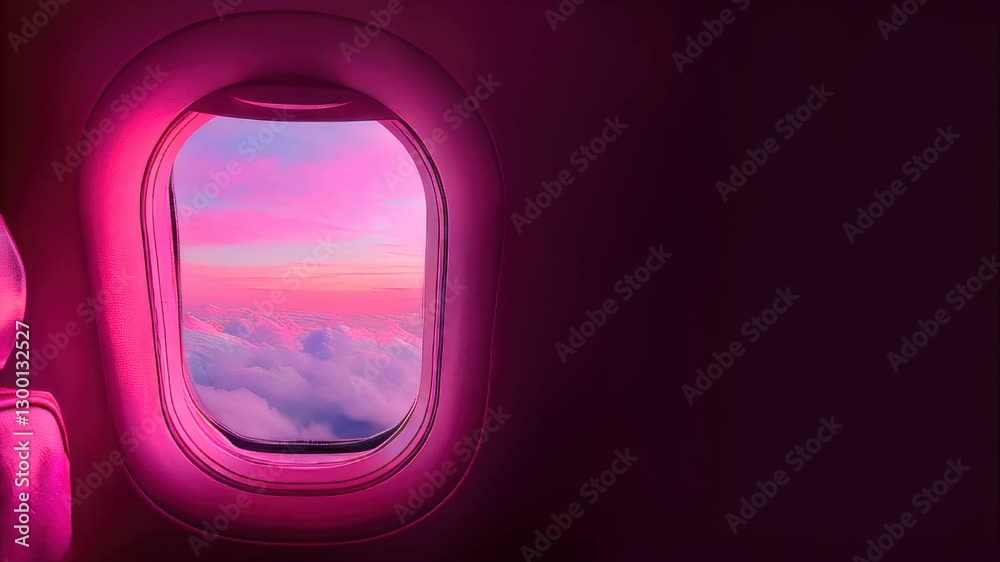 View of a window of an airplane with a pink sky, soft pastel hues blending across the horizon, gentle clouds floating peacefully, concept of travel, serene moments, breathtaking views

