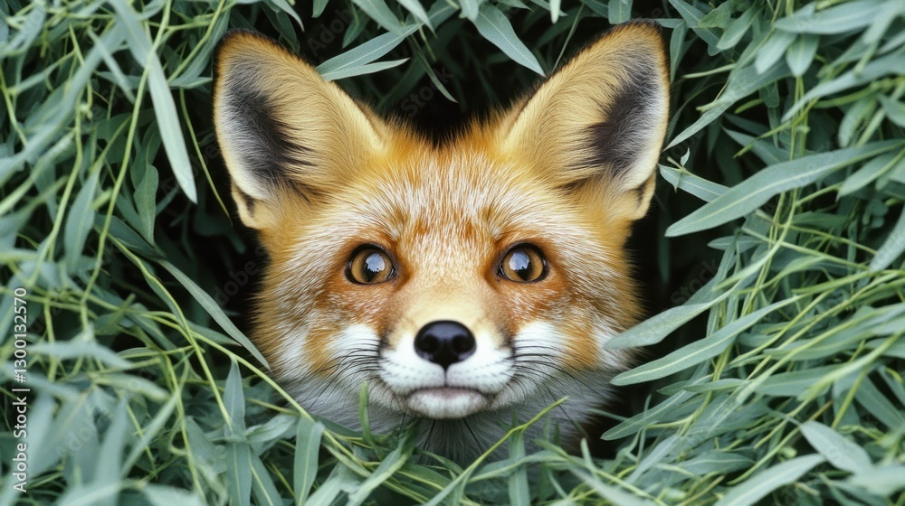 Obraz premium Red Fox Peeking Through Lush Green Foliage