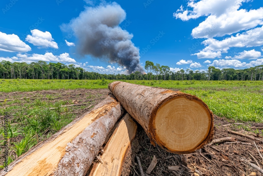 A tropical rainforest being cleared by deforestation, with smoke rising into the sky