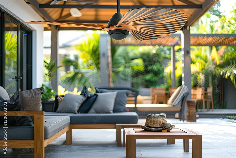 Fototapeta premium Ultra-quiet ceiling fan spinning in a cozy bedroom with soft lighting