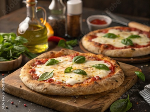 create a high quality, 35 mm photographic style, image of a margerita flatbread. the bread should be topped with fresh basilleaves and drizzled with olive oil, served on a wooden chopping board on a k photo