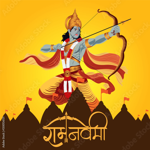 Warrior Lord Rama Aiming Bow and Arrow
Powerful artwork of Lord Rama in warrior pose with bow and arrow, golden crown flowing attire, and temple flags in the backgroundembodying devotion dharma 