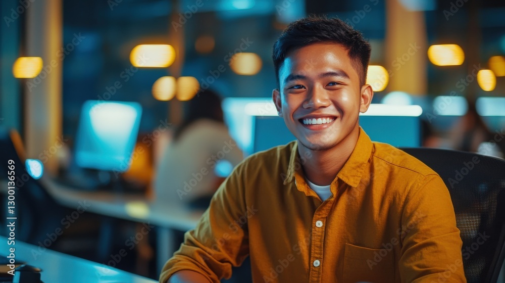 Fototapeta premium Young Man Smiling in Office Setting at Night