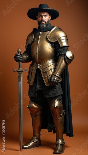 Full shot of bearded man dressed as Spanish conquistador in elaborate golden armor, black hat, cloak, sword against terracotta background. Medieval knight ready for adventure, combat, exploration. photo