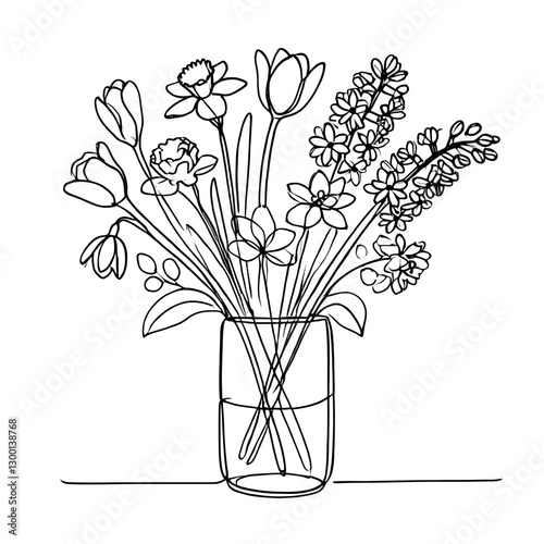Spring flowers bouquet in glass vase with tulips and daffodils in line art style