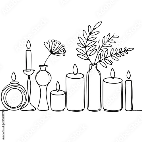 Candles with botanical elements and vases in continuous single line drawing.