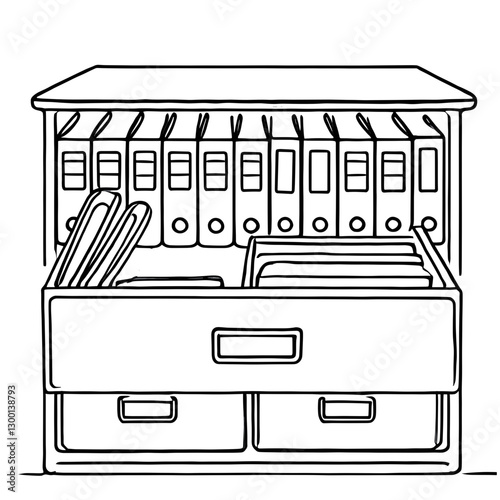 Office file cabinet with organized documents and folders in line art style.