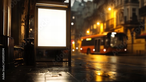 Rainy night cityscape with bus stop and illuminated billboard