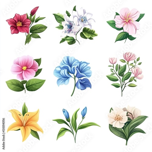Set of Different Beautiful Flowers Isolated on White Background: Elegant and Vibrant Floral Photography